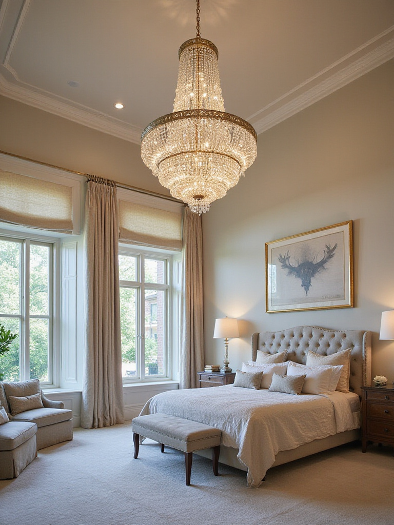 Luxurious bedroom with a dramatic crystal chandelier