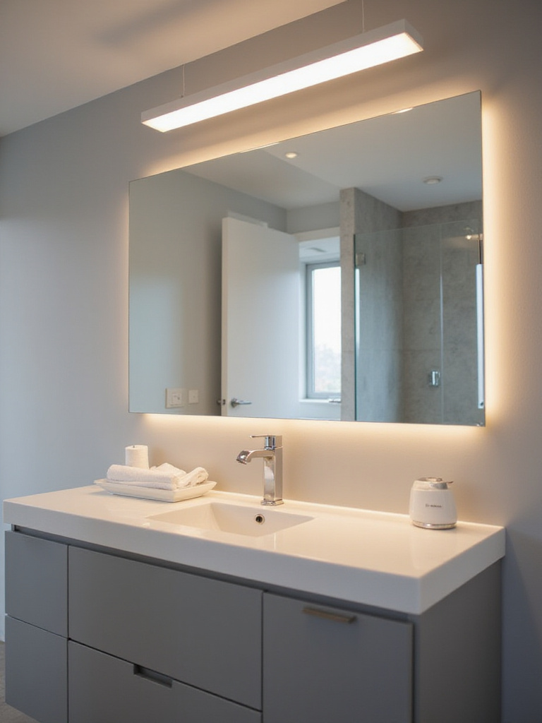 Modern bathroom featuring a linear LED light fixture above a mirror, showcasing optimal placement for even and flattering illumination.