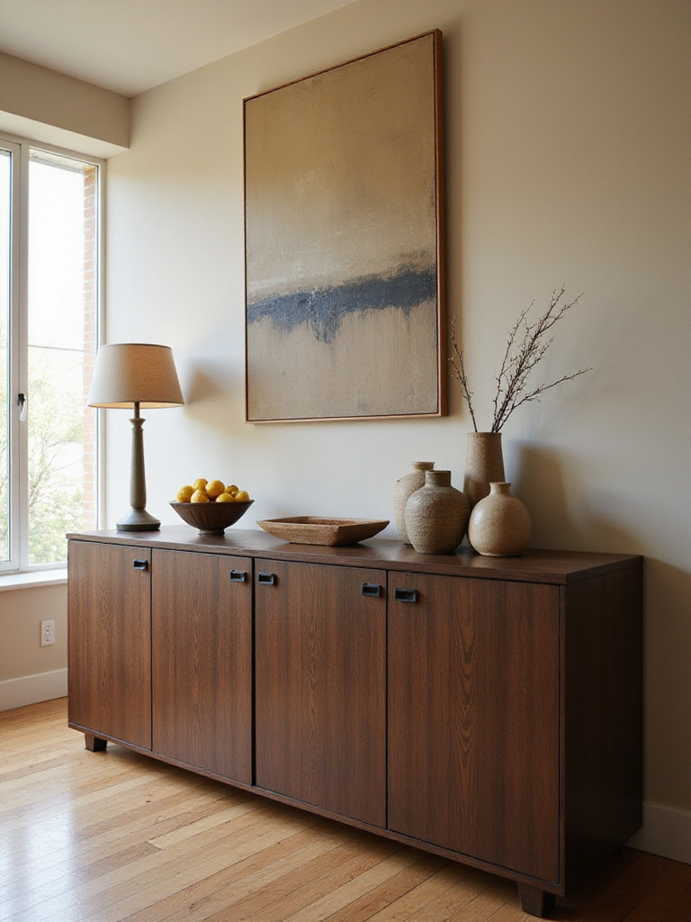 Modern dining room with dark wood sideboard displaying vases and artwork.