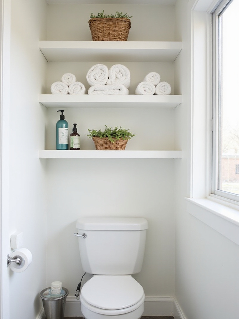 Modern bathroom showcasing various vertical shelving solutions, including shelves above the toilet and wall-mounted units, neatly storing towels and toiletries to maximize space.
