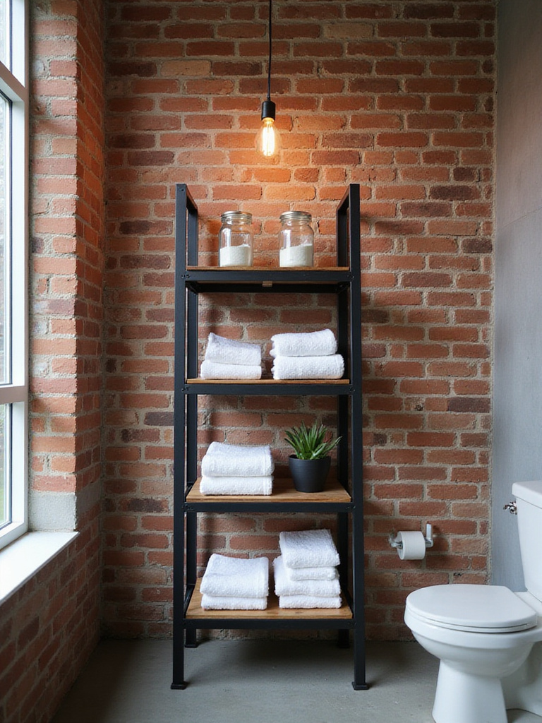 Metal shelving unit in industrial bathroom for vertical storage