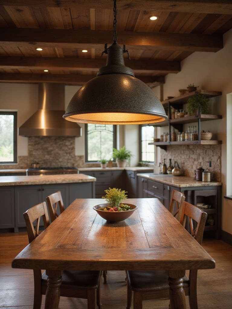 Rustic kitchen dining area with a large dark bronze pendant light fixture hanging over a wooden table, showcasing metal finishes for kitchen lighting.