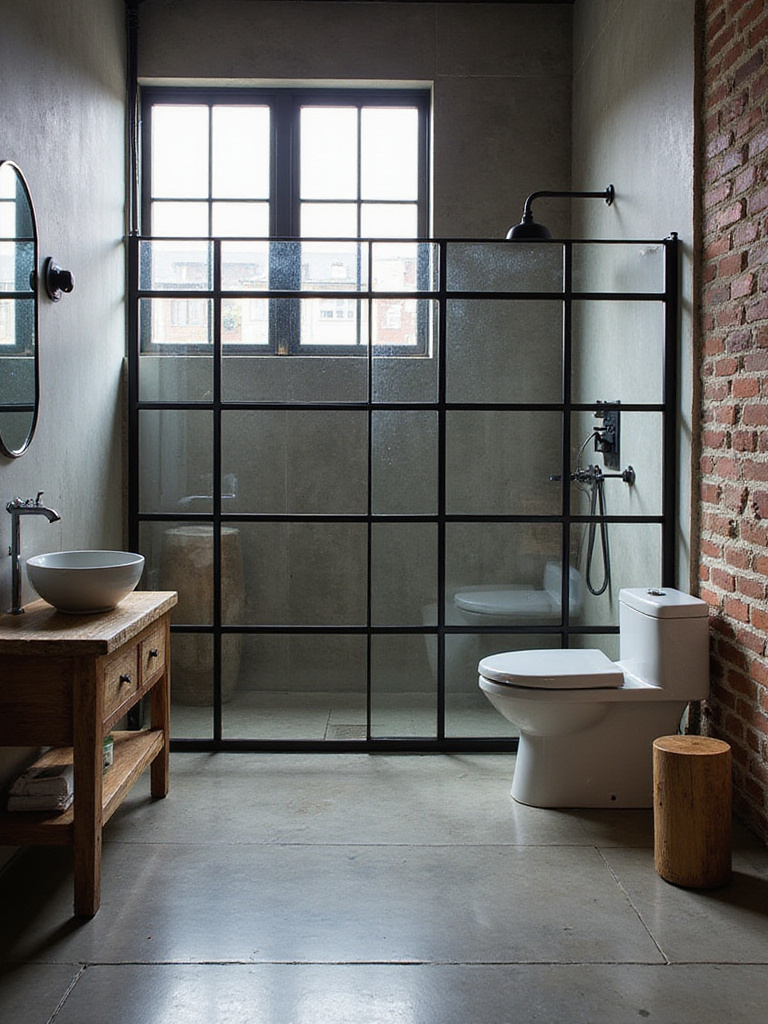 Industrial bathroom with black metal-framed glass shower enclosure