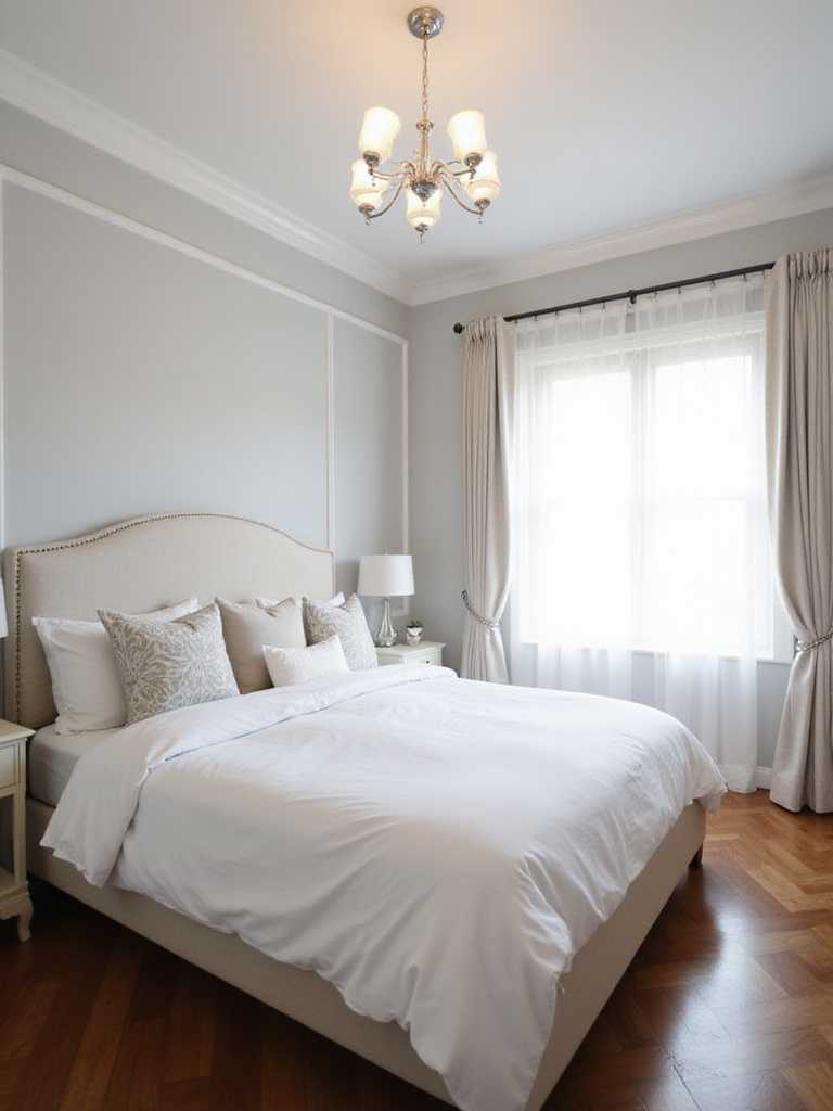 Elegant bedroom with a modern mini chandelier providing soft, ambient lighting.