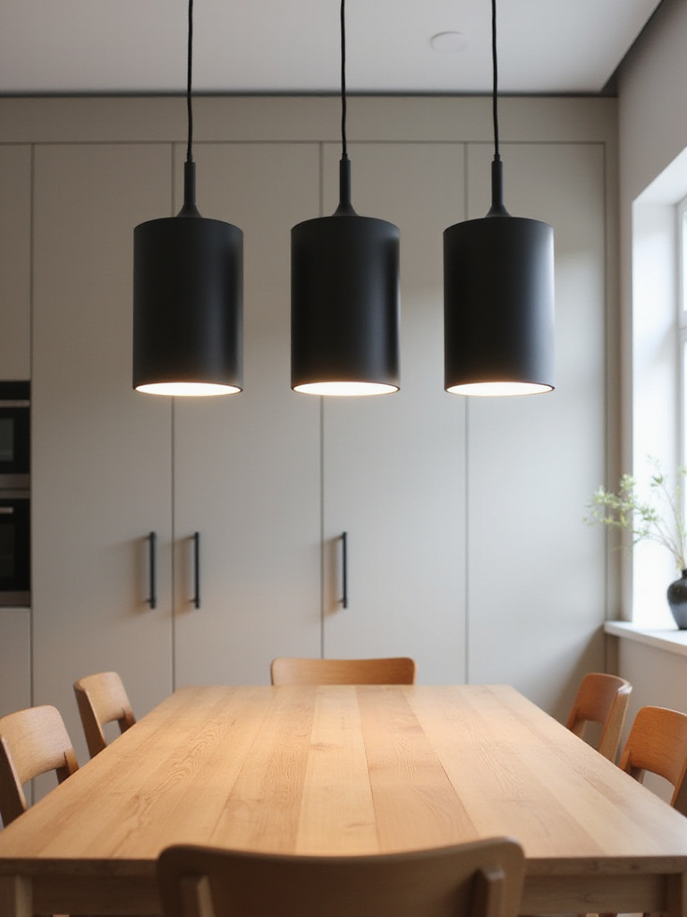Minimalist kitchen dining area with a simple wooden table and three matte black cylindrical pendant lights hanging above, illustrating clean design.