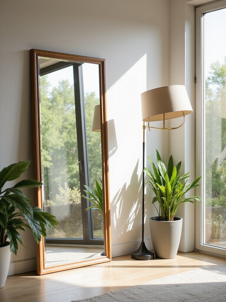 Living room with a large mirror reflecting natural light from a window, creating a brighter and more spacious feel.
