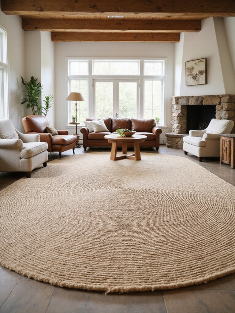 Rustic living room with jute rug, leather sofa, and wooden coffee table.