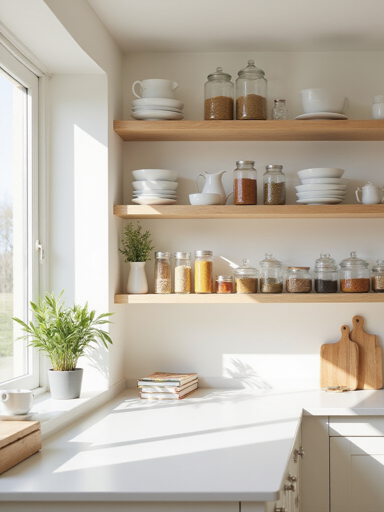 Modern kitchen with open shelving displaying dishes, spices, and cookbooks.