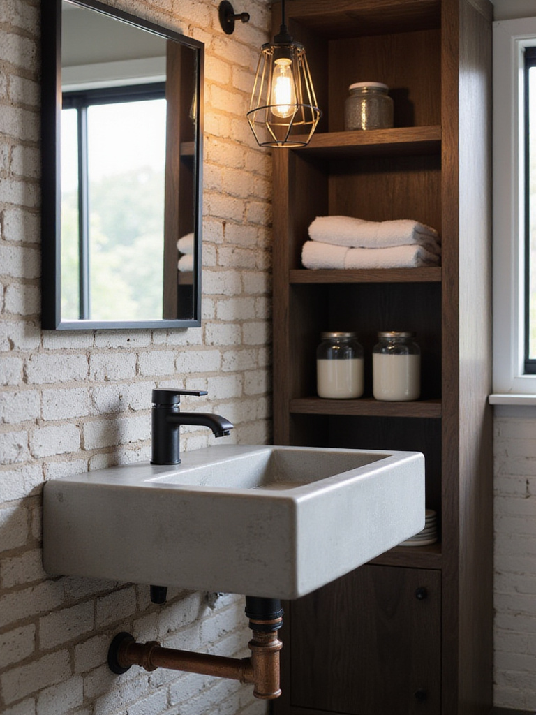 Industrial bathroom with minimalist concrete sink and exposed plumbing.