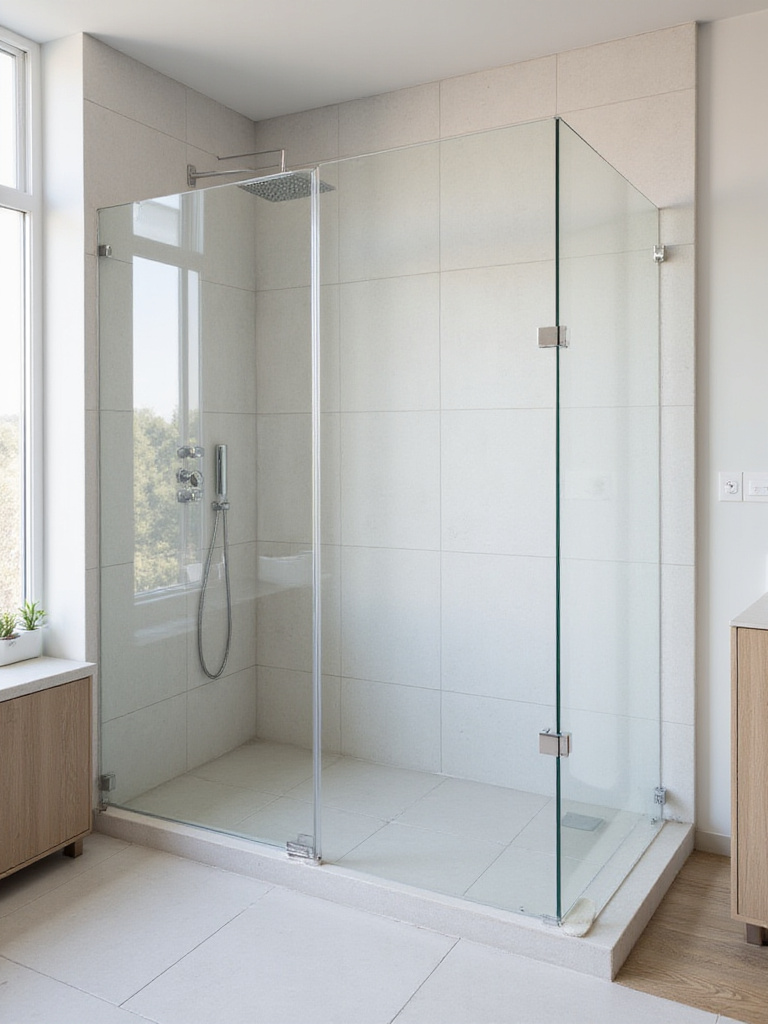 Minimalist bathroom with a frameless clear glass shower enclosure, large format neutral tiles, and simple fixtures, creating a bright, spacious feel.