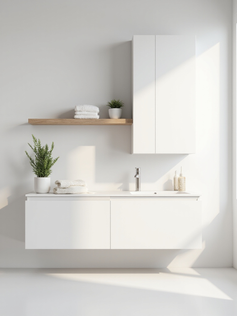 Minimalist bathroom with light wood floating shelf holding towels and plant, and a white wall-mounted cabinet, demonstrating efficient use of vertical space.