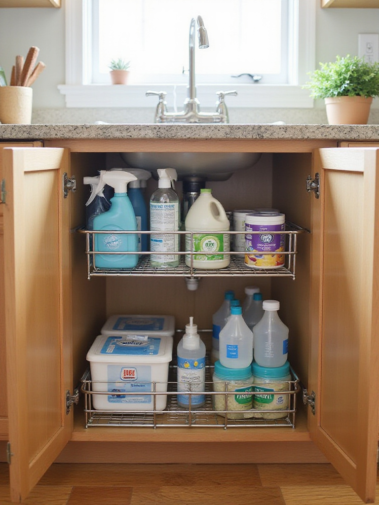 Under-sink cabinet with pull-out organizer storing cleaning supplies