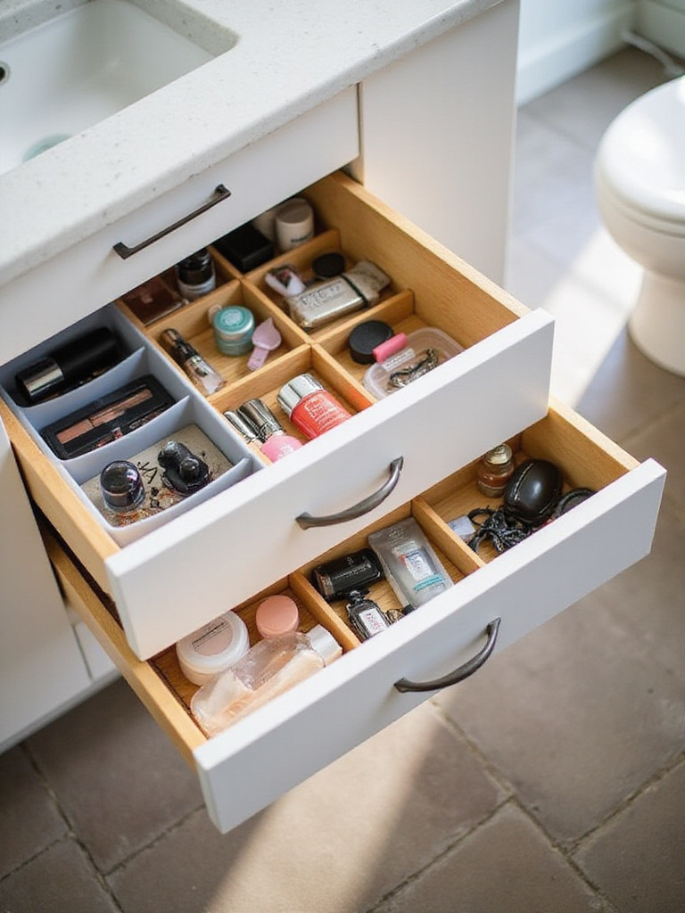 An open bathroom vanity drawer showcasing various toiletries and makeup neatly organized using a combination of plastic trays and bamboo drawer dividers.