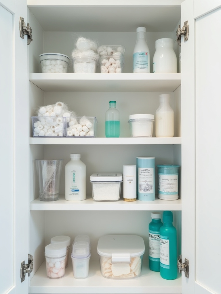 Interior of an organized bathroom medicine cabinet showing shelves neatly arranged with toiletries and first aid supplies using clear storage bins.