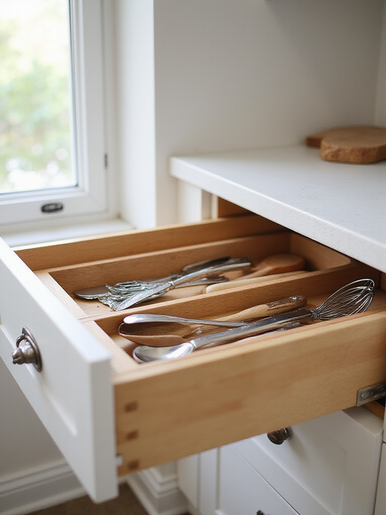 Organized kitchen drawer with tiered utensil insert, maximizing storage space.