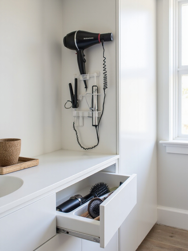 Organized hair styling tools in a modern bathroom, showing a wall-mounted holder for a hair dryer and curling iron, and a drawer insert organizing a straightener and brushes.