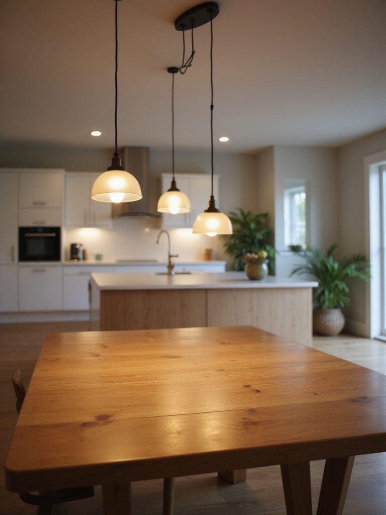 Three modern pendant lights hanging over a wooden kitchen table, providing warm, focused illumination.