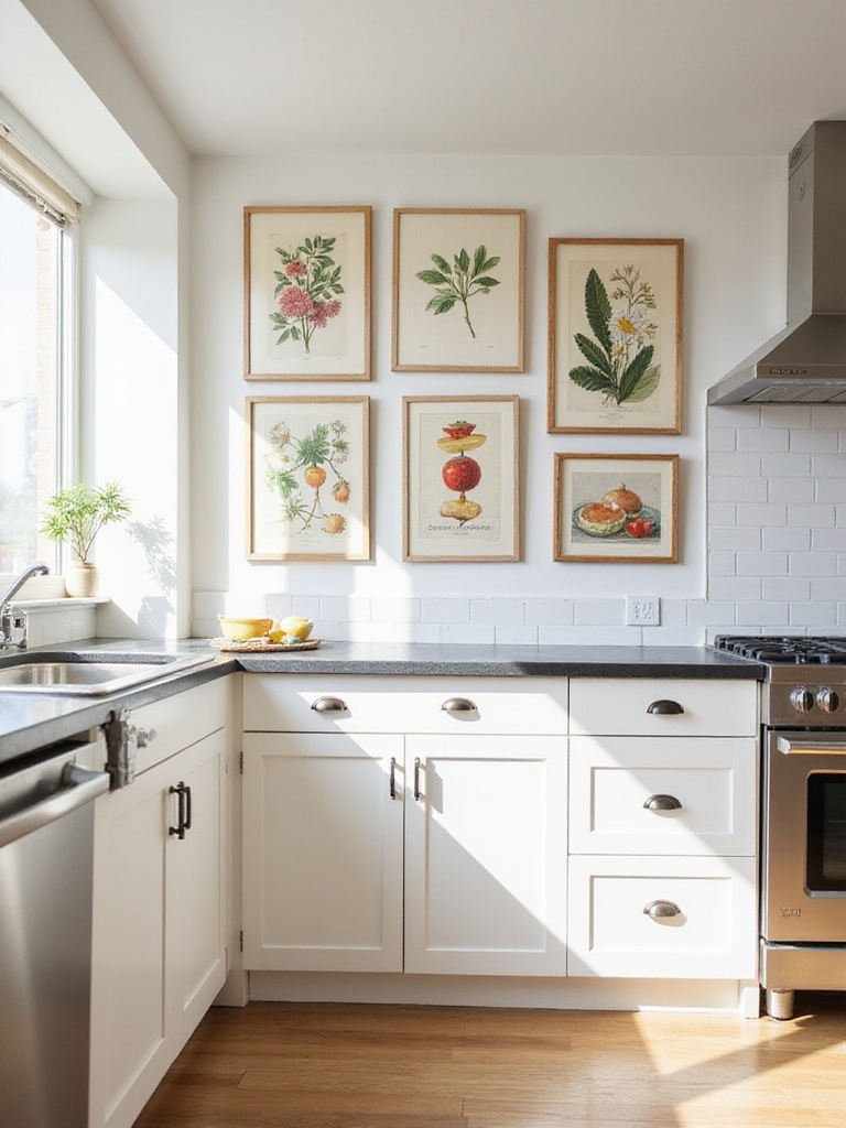 Kitchen gallery wall featuring affordable art prints.