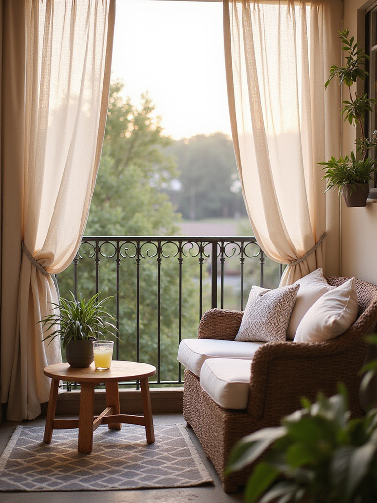 Cozy balcony seating with plush cushions and weather-resistant wicker furniture.