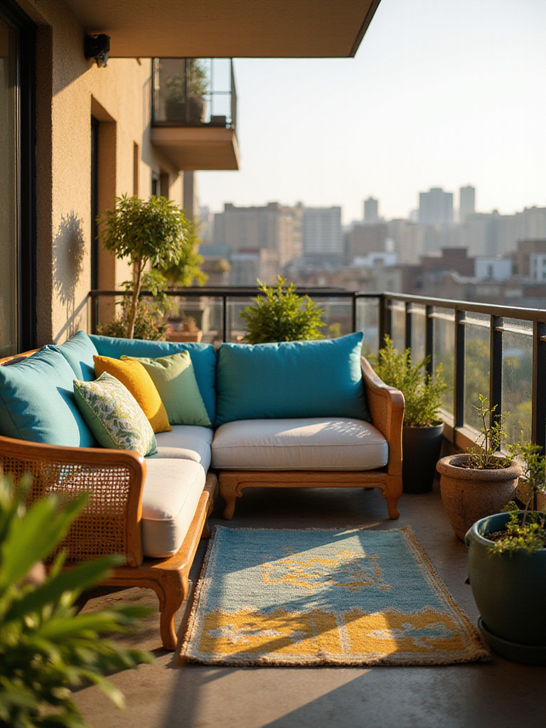 Colorful throw pillows on a balcony apartment sofa create a comfortable and stylish outdoor oasis.