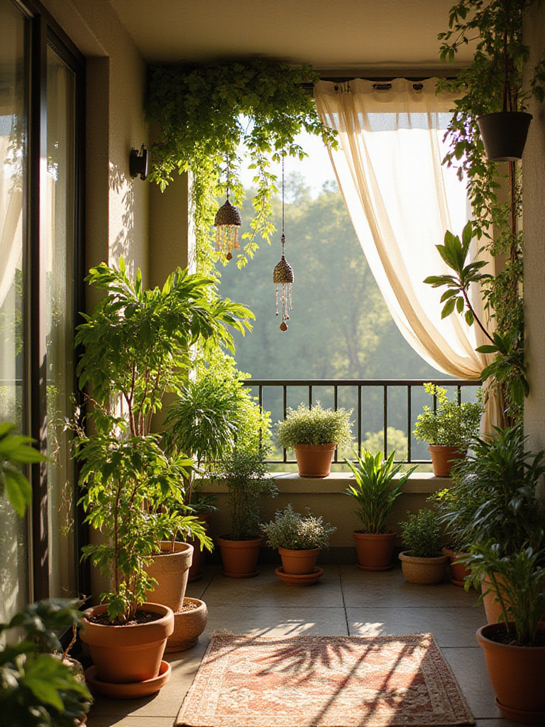 Apartment balcony decorated with plants and a metal wind chime.