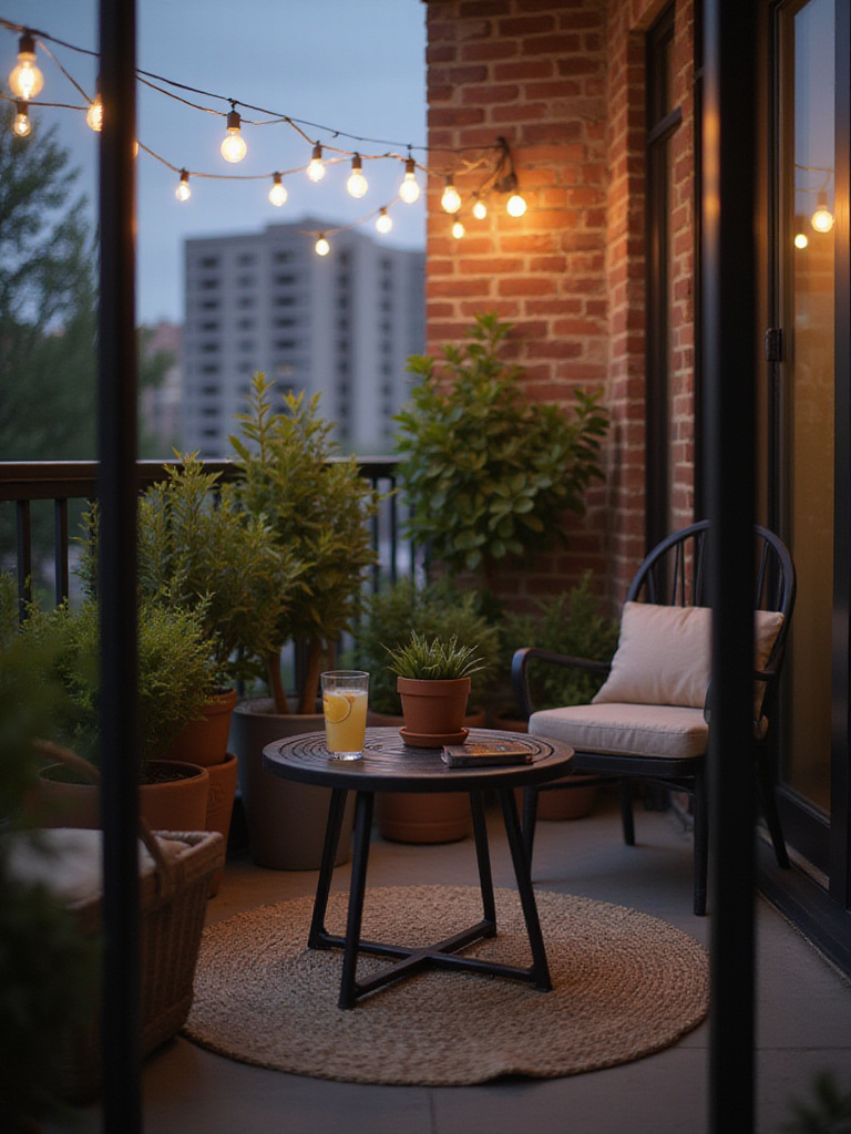 Chic black metal coffee table on a modern apartment balcony with succulent, lemonade, and book.