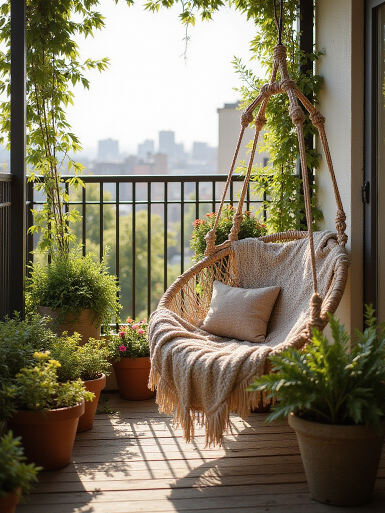 Macrame hammock chair with cushions and plants on a cozy apartment balcony