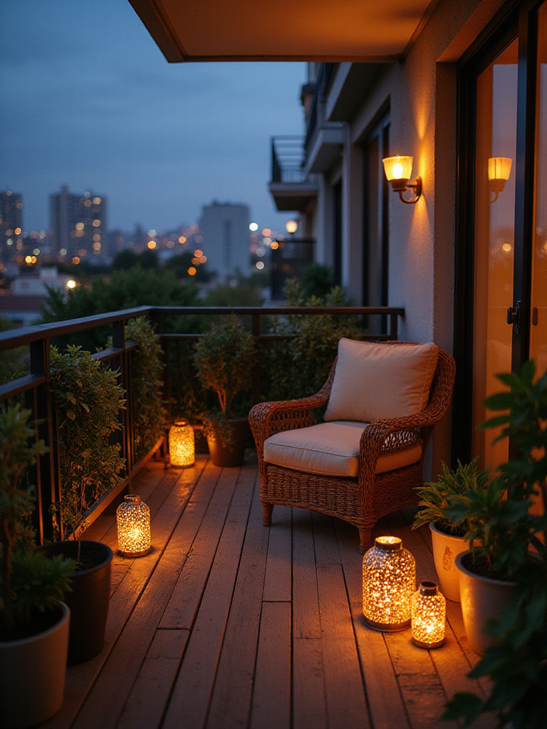 Balcony decorated with lanterns providing soft, warm lighting.