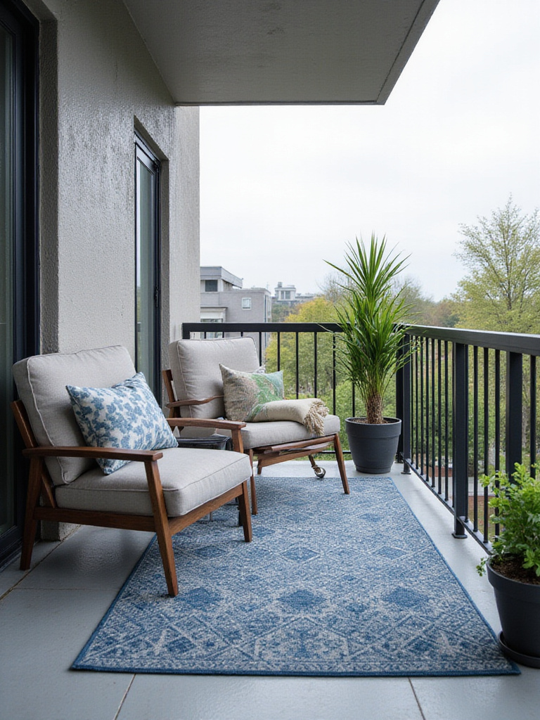 Modern apartment balcony with blue and grey patterned outdoor rug defining seating area.