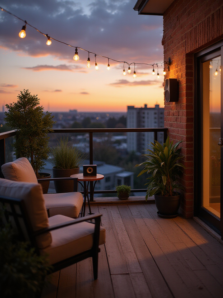 Balcony with comfortable seating, plants, and discreetly placed outdoor speakers for enjoying music.