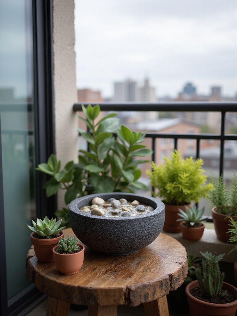 Small tabletop fountain on a balcony apartment creating a tranquil outdoor space.