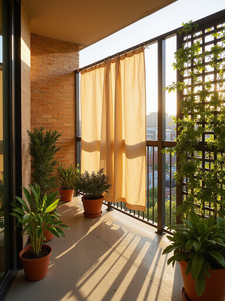 Balcony privacy screens made of bamboo, fabric, and lattice create a secluded outdoor oasis.