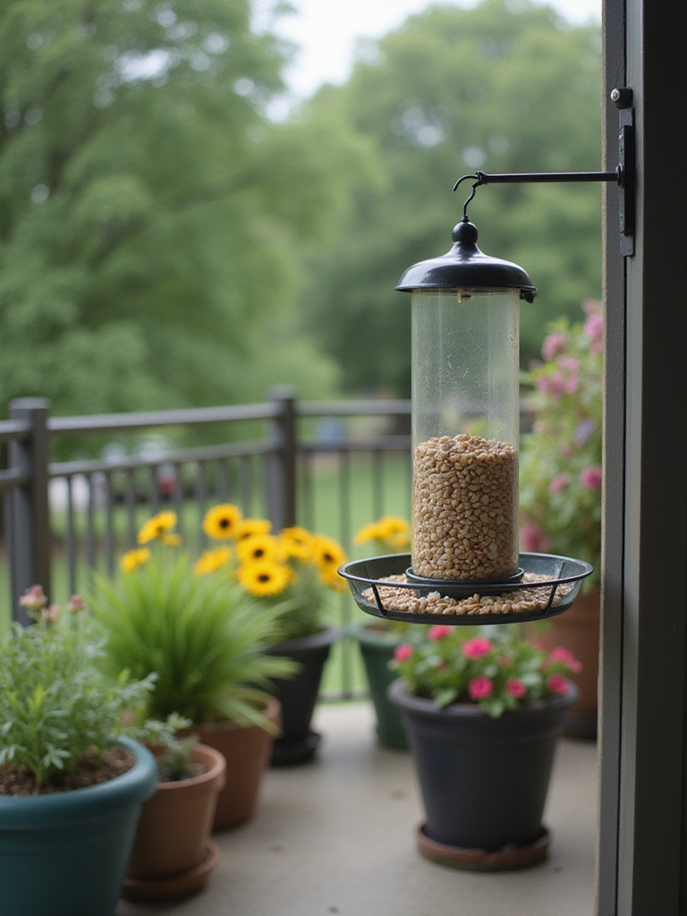 Bird feeder hanging on apartment balcony with potted plants in the background