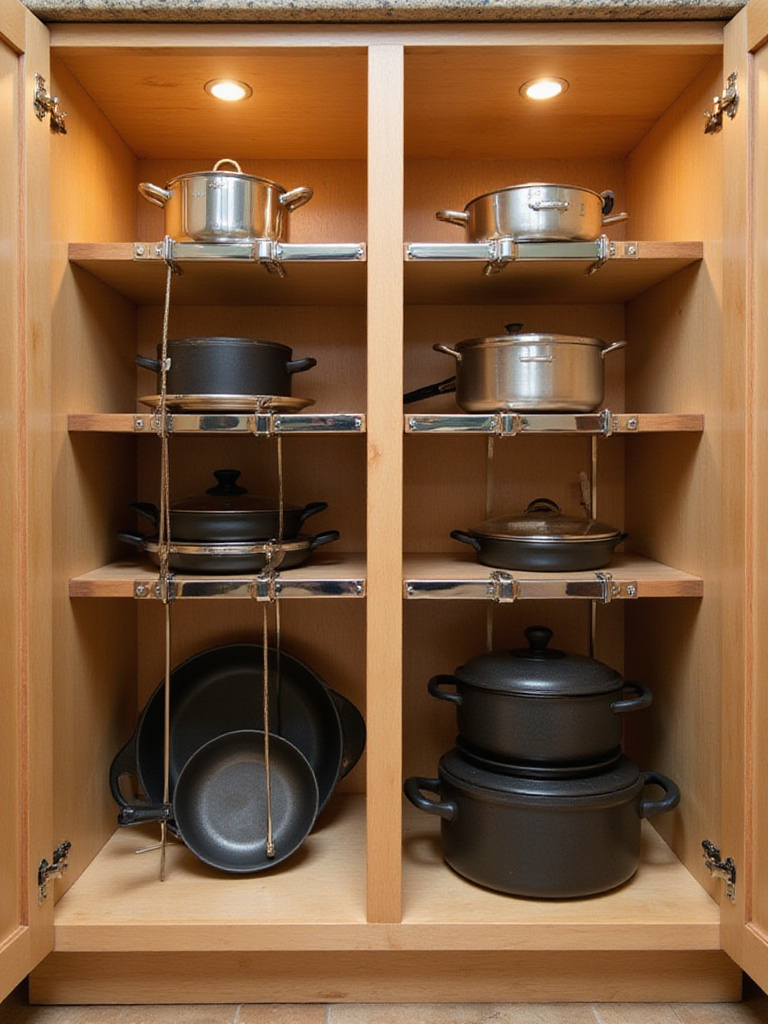 Kitchen cabinet interior with chrome vertical dividers organizing pots and pans.