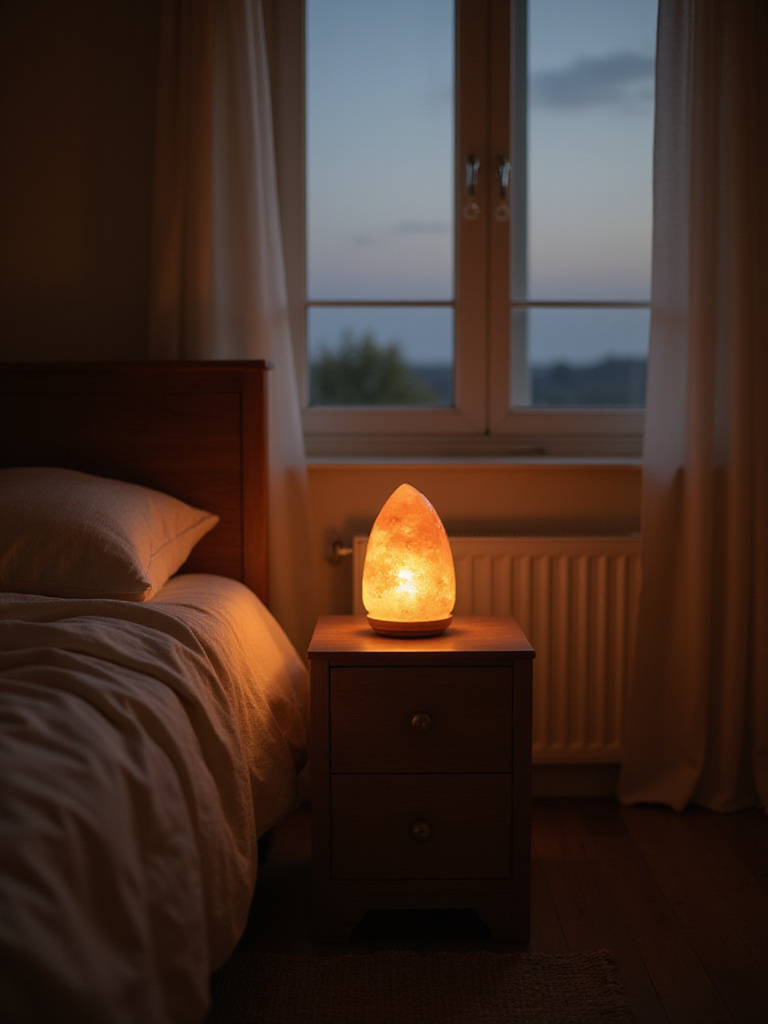 Himalayan salt lamp glowing warmly in a relaxing bedroom setting