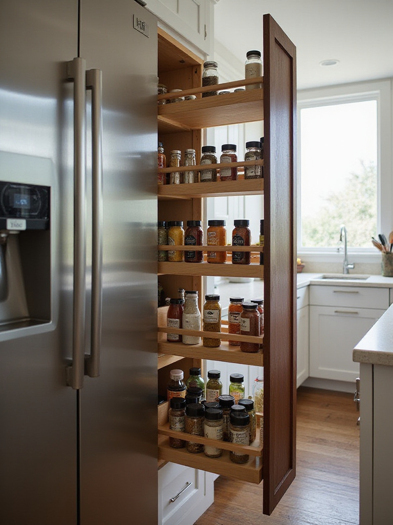 Pull-out spice rack next to refrigerator in modern kitchen