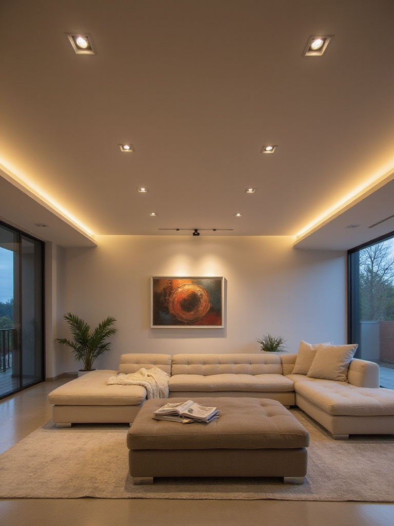 Modern living room illuminated with seamless recessed lighting.