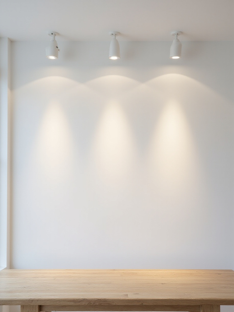 Modern kitchen dining area with subtle ambient light from recessed ceiling fixtures positioned over a wooden table. The scene shows the clean look of integrated lighting.