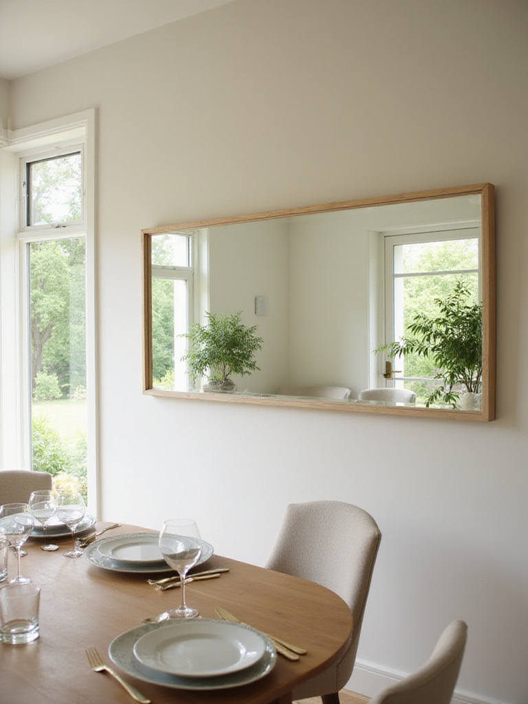 Dining room with a large mirror reflecting light and creating the illusion of more space.