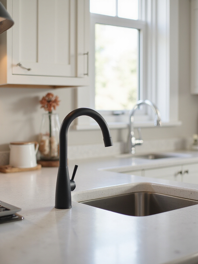 Modern kitchen sink with matte black pull-down faucet