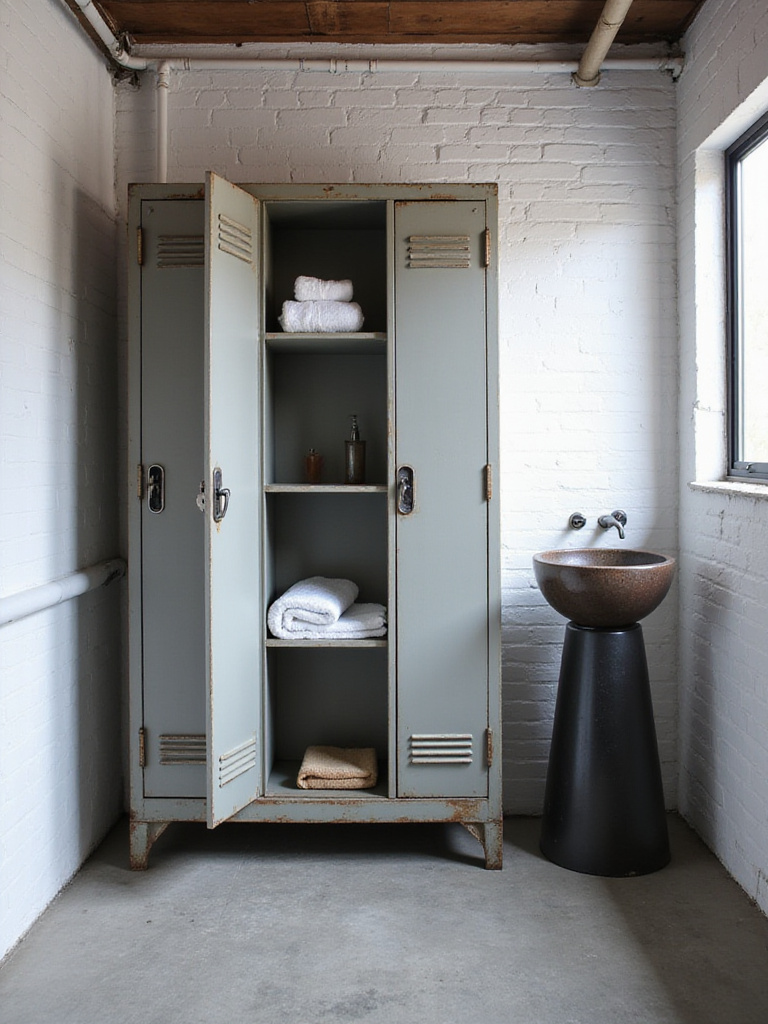 Industrial bathroom featuring repurposed metal lockers for storage.