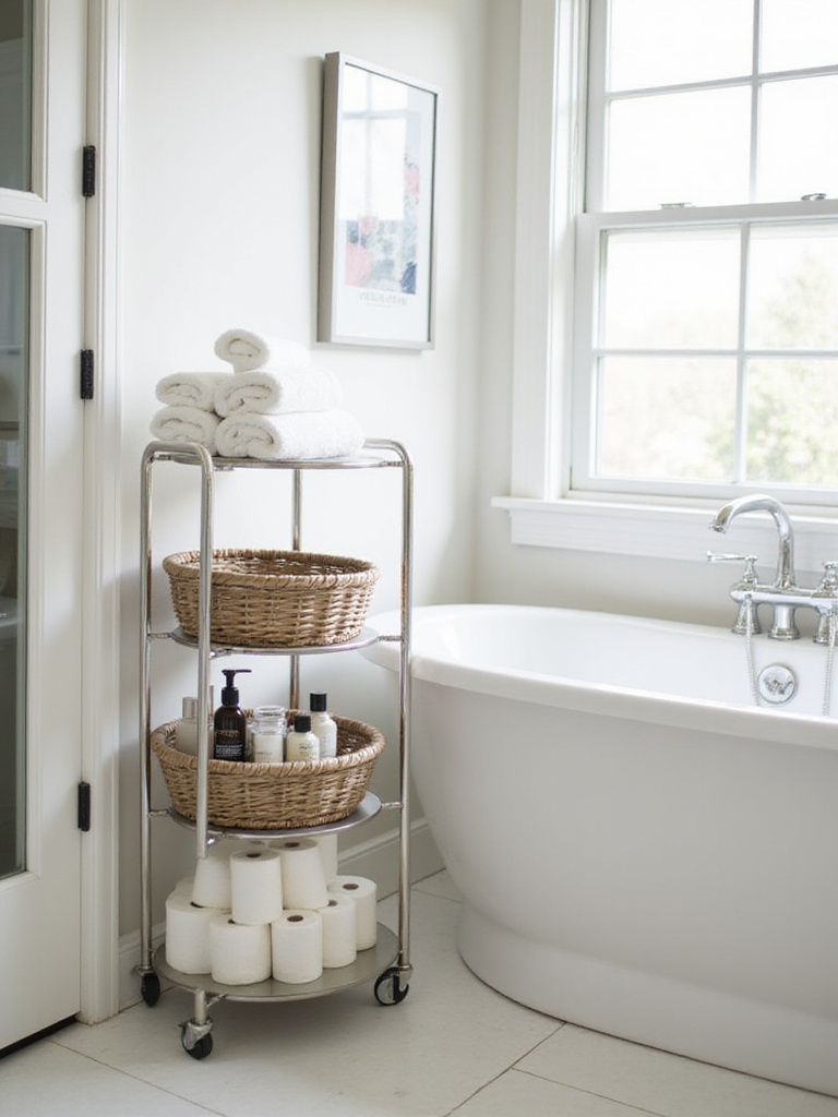 A stylish utility cart stands next to a bathtub in a modern bathroom, organized with towels, toiletries, and toilet paper, demonstrating mobile storage.