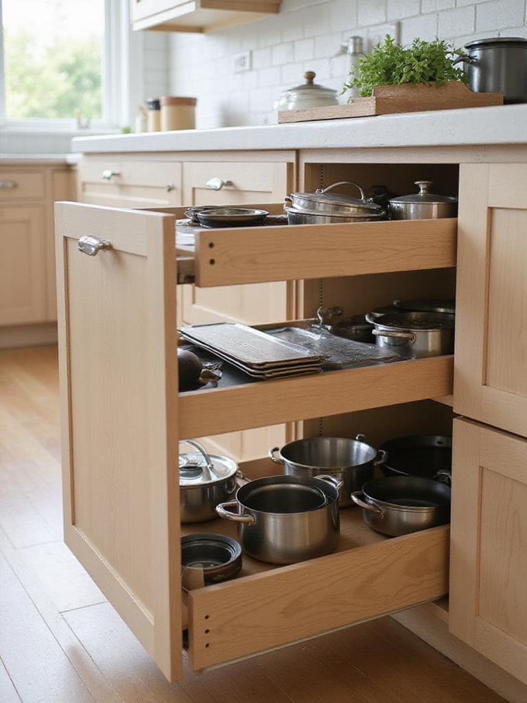 Roll-out tray cabinets in a kitchen, showcasing organized pots, pans, and baking sheets.