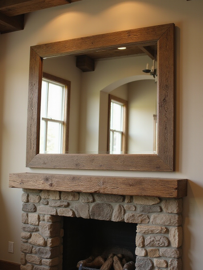Rustic living room featuring a large weathered wood framed wall mirror above a stone fireplace.