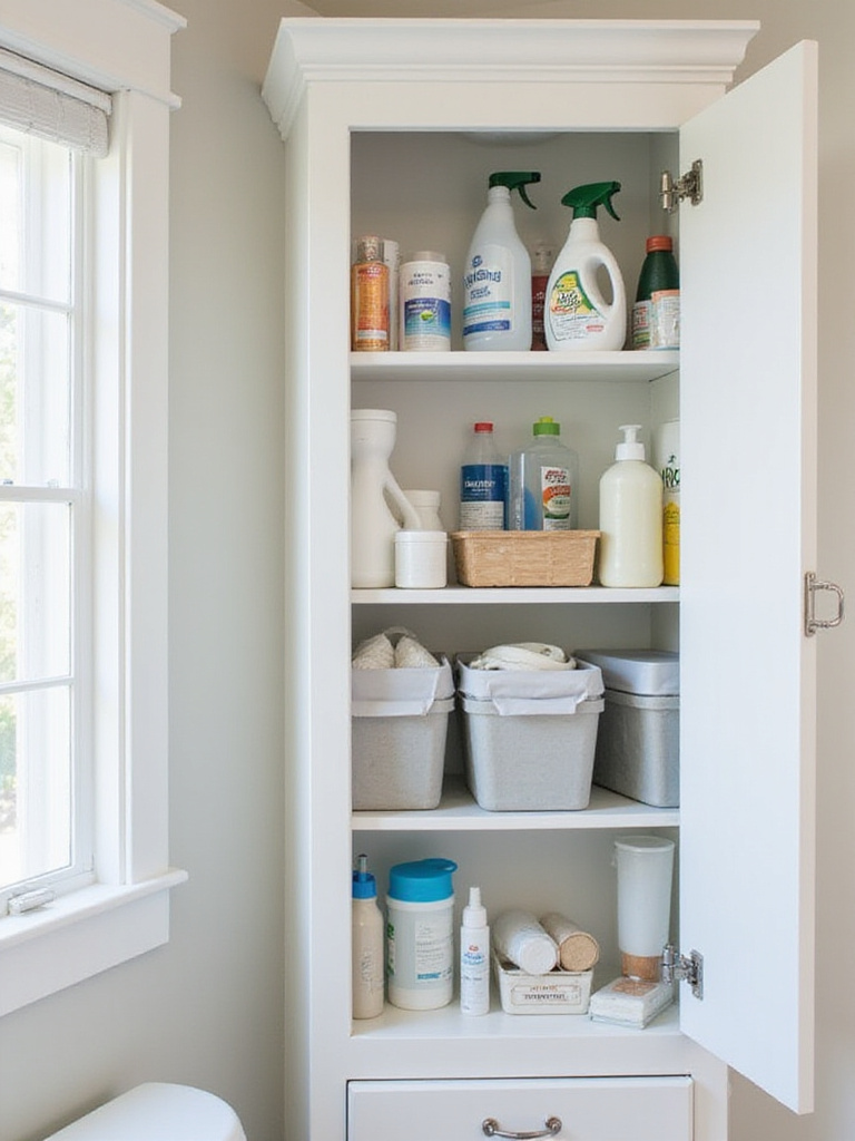 Bathroom cabinet showing safe storage of cleaning supplies on a high shelf or behind a childproof lock.