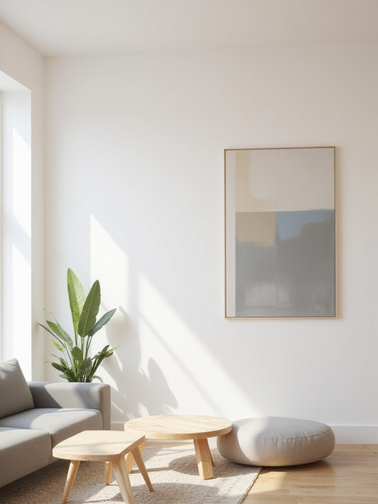Minimalistic living room interior with a large abstract painting.