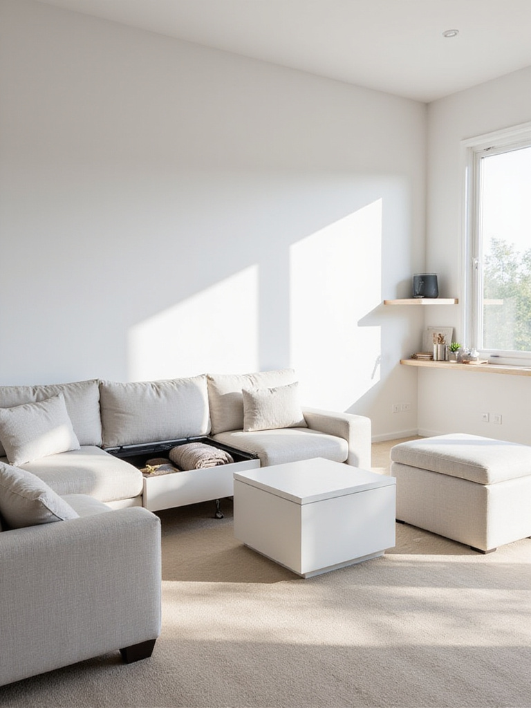 Minimalistic living room featuring a lift-top coffee table and storage ottoman to maximize space.