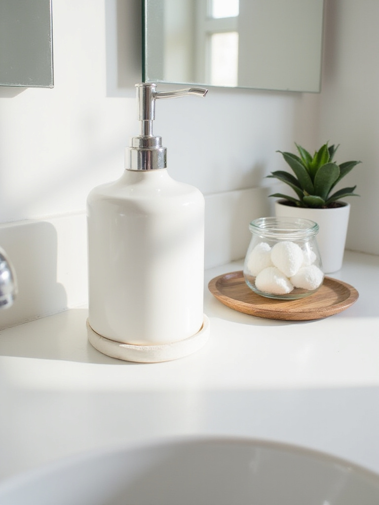 Minimalist bathroom counter displaying functional decor: white ceramic soap dispenser, wooden tray with glass jar of cotton balls, and a small green plant.