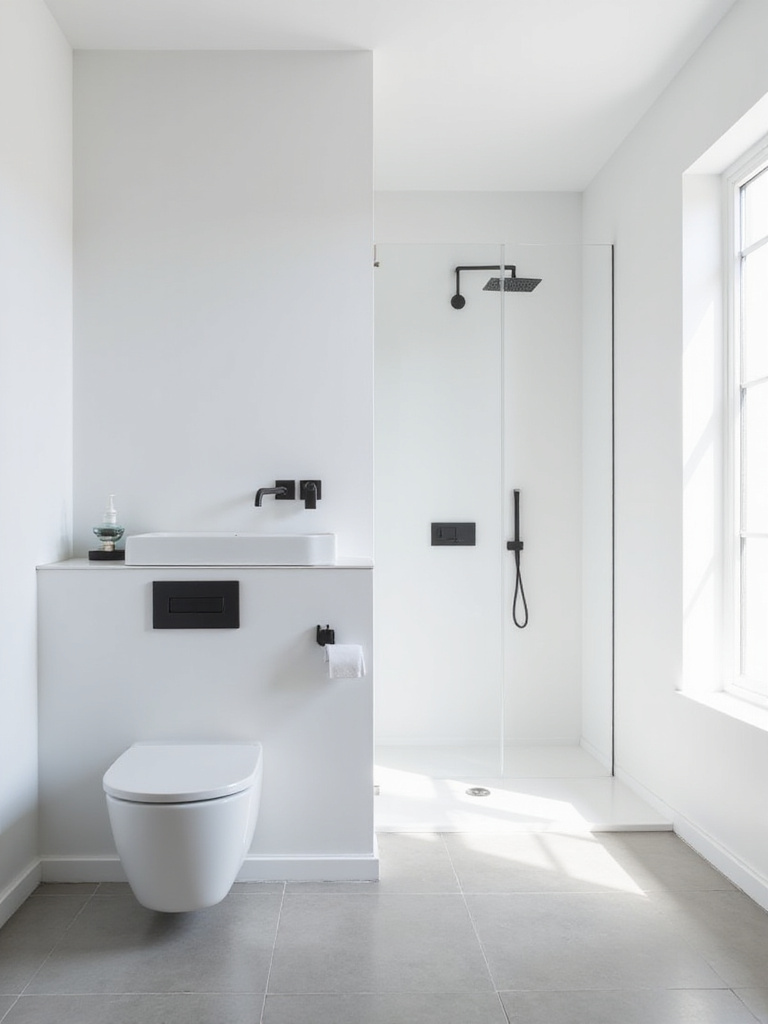 Minimalist bathroom featuring a wall-mounted sink with a matte black faucet, a modern skirted toilet, and a walk-in shower with a matte black rain shower head, illustrating sleek, clean-lined fixtures.