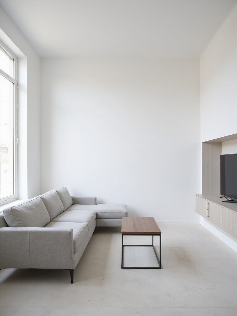 Minimalistic living room with streamlined sofa, coffee table, and media console.